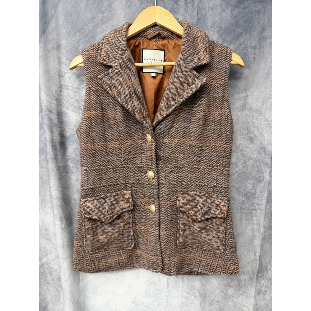 Bagatelle Collection Brown Herringbone Wool Blend Vest Gold Buttons Size M
